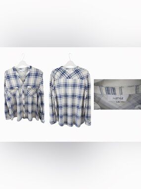 Women's Blue Plaid Button-Front Long Sleeve Blouse